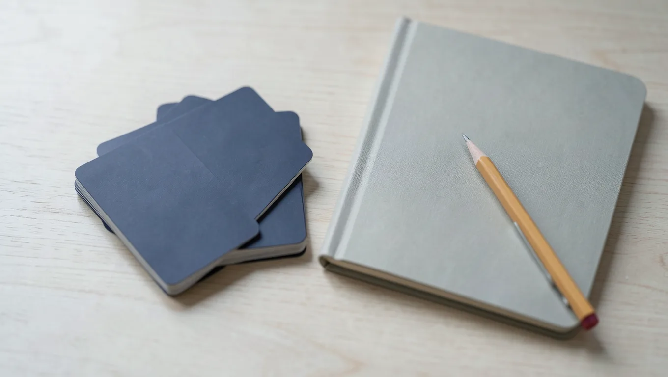 Sleeved trading cards beside a notebook and pencil on a pale desk